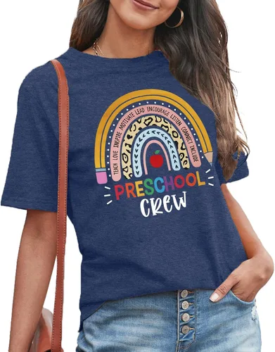 Miniatura 2 de MAIHUN Camisetas para profesores de preescolar para mujer, camiseta de cuello redondo con estampado de arco iris, manga corta