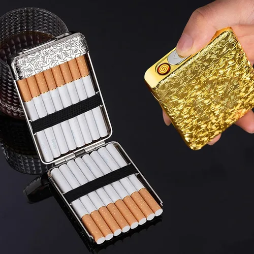 Miniatura 3 de Caja de cigarrillos de metal con encendedor de tamaño King, paquete portátil de 16 piezas de cigarrillos regulares, encendedores USB, caja