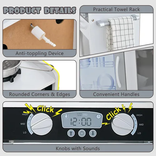 Miniatura 6 de Costzon Juego de Cocina para Niños, Set de Juguetes de Cocina de Madera de Simulación con Sonido Realista, Pizarra Grande, Teléfono, Microondas, gris