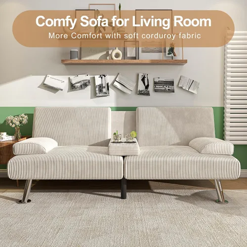 Miniatura 6 de Shahoo - Sofá moderno tapizado, futón convertible plegable con reposabrazos removibles, patas de metal, 2 portavasos para sala de estar, beige