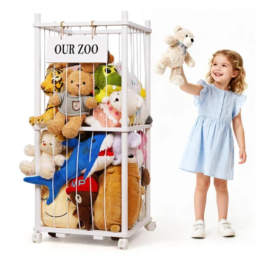Miniatura 10 de Edudif Almacenamiento de animales de peluche, soporte vertical para animales de peluche de madera, fácil montaje, organizador de juguetes de peluche
