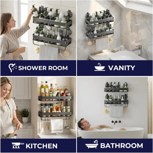 Miniatura 8 de Organizador de ducha esquinero, con ventosa y ganchos, organizador de baño de aluminio inoxidable sin perforaciones, estantes para decoración
