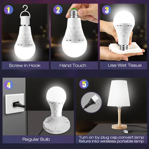 Miniatura 5 de Bombilla de luz de emergencia recargable, permanece encendida durante fallas de energía, bombillas LED de 1500 mAh, 12 W, 60 W equivalentes