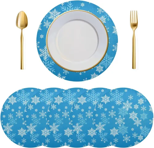 Miniatura 9 de Juego de 6 manteles individuales redondos, copos de nieve sobre rojo oscuro, resistentes al calor, para mesa de comedor, decoración de Navidad