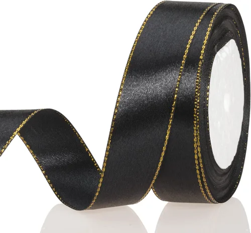 YASEO Cinta de satén negra de 25 yardas y 1 pulgada con bordes dorados, cintas de tela con borde dorado para envolver regalos y manualidades