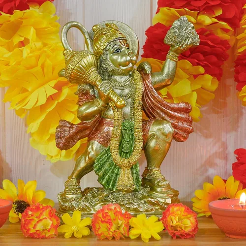 Miniatura 4 de Estatua hindú de Dios Señor Volador Hanuman – Escultura de Ídolo de la India Murti Pooja – Figura con acabado de oro indio para decoración