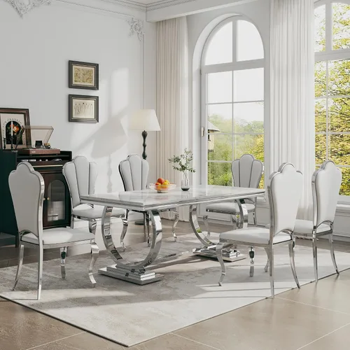 Miniatura 30 de Juego de mesa de comedor de 7 piezas, mesa de cocina de lujo de mármol sintético blanco de 70 pulgadas y 6 sillas copetudas de terciopelo beige