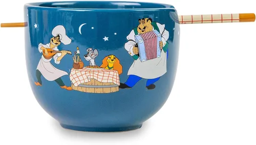 Disney Lady And The Tramp Serenade - Juego de vajilla de cerámica para ramen, incluye cuenco de fideos de 20 onzas y palillos de madera