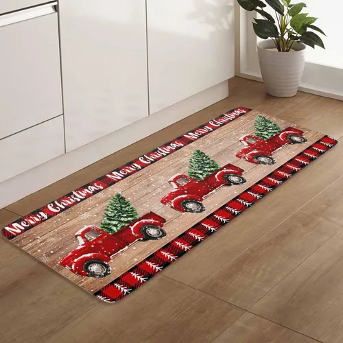 Miniatura 7 de Juego de 2 alfombras de cocina con camión rojo, árbol de Navidad rojo sobre tablero de madera retro, antideslizante, cómodo, tapete de pie