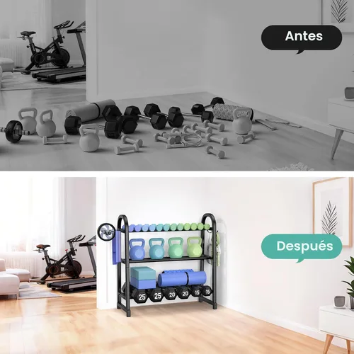 Miniatura 5 de Estante para mancuernas de 3 niveles, capacidad de 360 libras, estante de almacenamiento de mancuernas ajustable, ahorra espacio, soporte de pesas