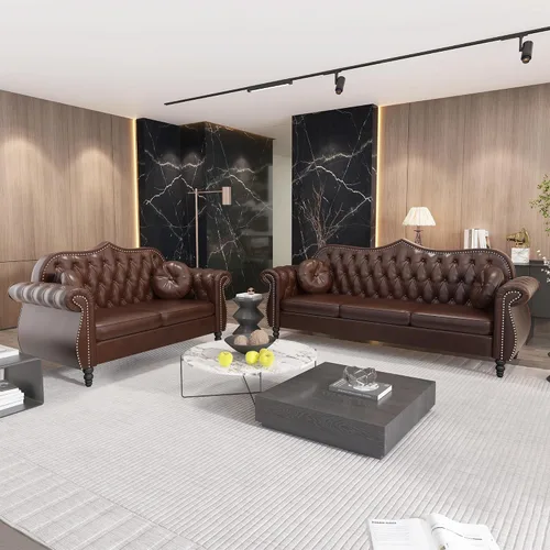 Miniatura 10 de AVZEAR 82" Sofá de tres plazas de cuero, sofá Chesterfield, sofá tapizado en PU de estilo moderno de mediados de siglo, sofá de sala de estar