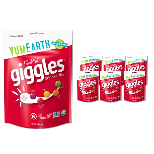 YumEarth Organic Giggles - Caramelos masticables, aptos para alérgicos, sin colorantes, sabores artificiales, OMG ni gluten, bocadillos veganos,