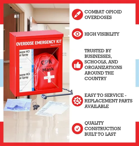Miniatura 4 de Gabinete de kit de emergencia de sobredosis, alta visibilidad y seguro, acero de calibre 22, montaje en pared con ventana acrílica, martillo