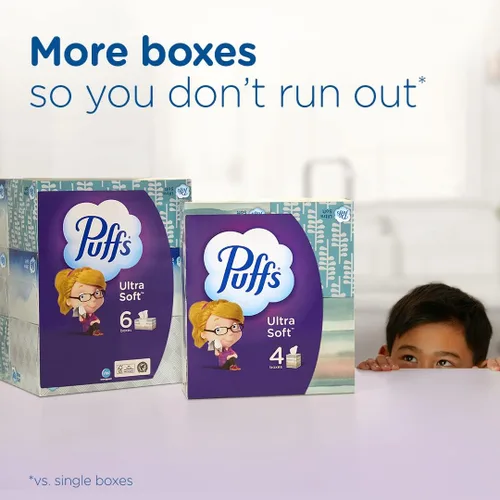 Miniatura 5 de Pañuelos faciales ultrasuaves sin loción Puffs, 1 cubo, 48 pañuelos por caja