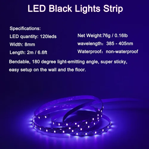 Miniatura 2 de Tira de luz LED negra, 6.6 pies, 120 cuentas de lámpara, accesorios de luz negra flexibles de 5 V, tira de luz negra de 6.6 ft, no impermeable