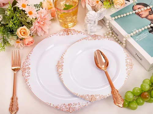 Miniatura 7 de Morejoy - Juego de vajilla de plástico de 175 piezas en oro rosa y plata: 25 platos, 25 tenedores, 25 cuchillos, 25 cucharas, 25 tazas, 25 Oro