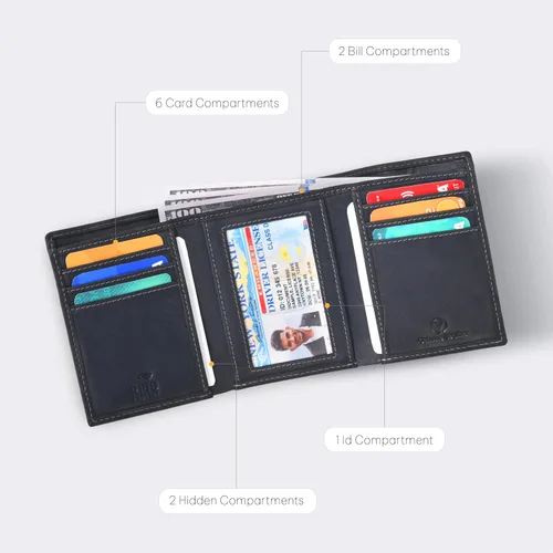 Miniatura 2 de Cartera de cuero genuino RFID bloqueo delgado Trifold para 6 tarjetas+1 ventana de identificación+2 compartimentos de anotaciones., cartera Rfid, S