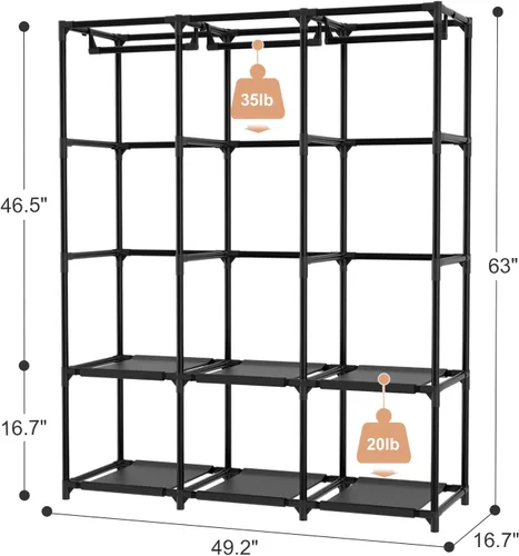 Miniatura 3 de Armario portátil para colgar ropa, perchero de gran capacidad con tapa, 3 varillas para colgar, 6 estantes y 8 bolsillos, armario fuerte y estable