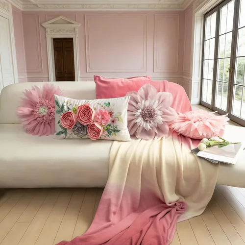 Miniatura 9 de Almohada decorativa de flores 3D hecha a mano con margaritas rosas, bonito cojín redondo de terciopelo para cama, sofá, silla de automóvil, Rosa
