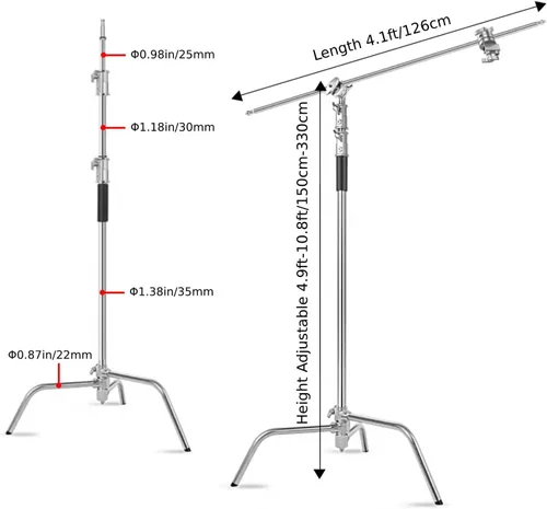 Miniatura 3 de Soporte en C resistente con brazo de pluma, soporte de luz de fotografía resistente de acero inoxidable, altura ajustable de 4.9 pies a 10.8 pies