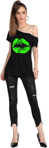 Miniatura 41 de MAGICMK - Camiseta casual para mujer, con estampado de labios y hombro descubierto, talla extragrande