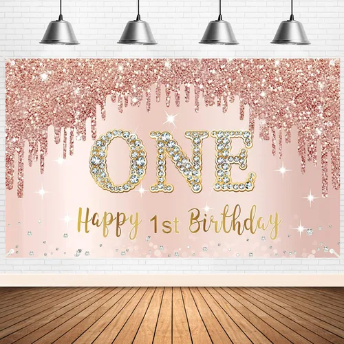 Pancarta y Decoraciones de Fondo de Feliz Primer Cumpleaños para Niñas - Suministros de Letrero de Fiesta de Oro Rosa de 1 Año, Póster de Primer 1st