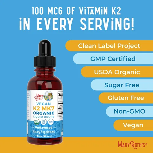 Miniatura 8 de MaryRuth’s Gotas Líquidas de Vitamina K2 MK7 Orgánicas USDA para Adultos y Niños Obtenidas de Natto Menaquinona- 7 Vitamina K2 Vegana