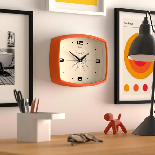 Miniatura 5 de JONES CLOCKS® Reloj de pared de película Reloj retro rectangular 10 pulgadas Naranja Aspecto de diseñador fresco de mediados de siglo