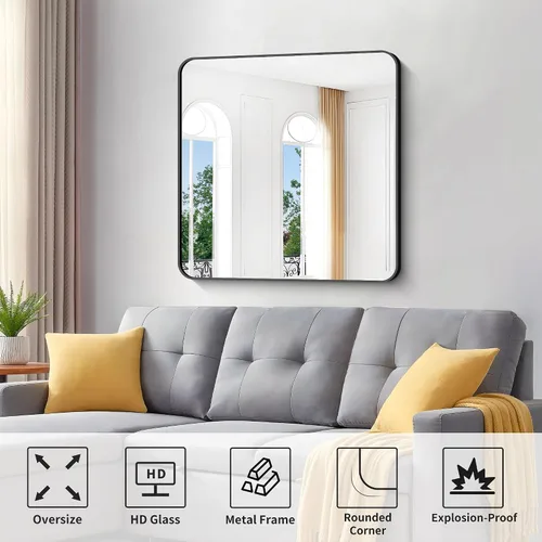 Miniatura 4 de Espejos de baño negros para pared, espejo cuadrado de 30 x 30 pulgadas, espejo de pared con marco de metal de esquina redondeada, espejo de tocador