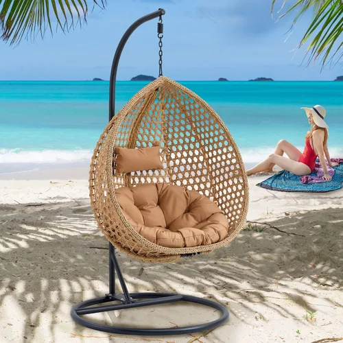 Miniatura 9 de Swining - Silla de huevo con soporte, sillas colgantes de mimbre de ratán para huevos, silla columpio para patio con cojín resistente a los rayos