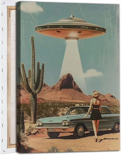 Miniatura 13 de Lienzo de paisaje del desierto para pared, póster de platillo volador, imagen retro de los años 70, estilo de los años 70, arte de pared vintage
