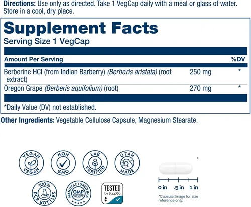 Miniatura 2 de SOLARAY Berberina 250mg - Suplemento de berberina para un estilo de vida saludable y activo - con berberina HCl de Indian Barberry Plus Oregon Grape