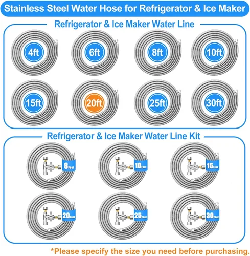 Miniatura 7 de Línea de agua para refrigerador (2 piezas) – Manguera de agua trenzada de acero inoxidable de alta calidad para máquina de hielo de 6 pies + 20