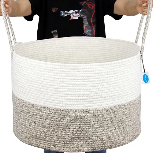 Casaphoria Cesta de cuerda de algodón XXXL para sala de estar, cesta de almacenamiento tejida con asa larga para mantas, toallas y almohadas, cesta
