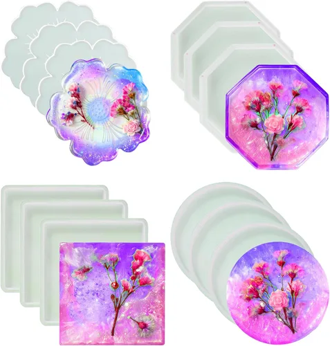 Moldes de posavasos de resina Loyohep, moldes de silicona para resina, 12 piezas con moldes de posavasos redondos, cuadrados, octagonales y florales