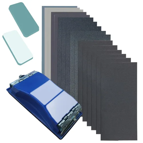 Juego de papel de lija para uso en seco y mojado 3 en 1, 48 hojas de grano 80 a 3000, 1 soporte de papel de lija y 2 esponjas, bloque de lijado para
