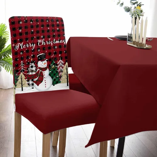 Miniatura 5 de Juego de 4 fundas navideñas para sillas de comedor, diseño de muñeco de nieve con árbol de Navidad, copos de nieve, cuadros rojos, extraíble