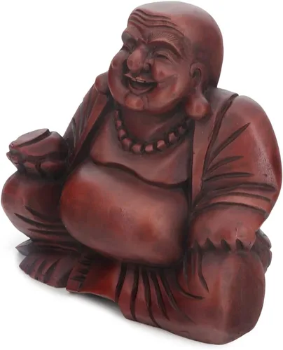 Miniatura 3 de Buddha Groove Estatua de Buda feliz de Polystone Hotei con acabado de caoba para uso en interiores