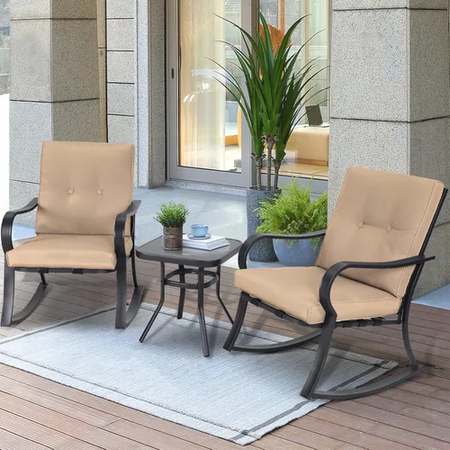 Miniatura 7 de Mecedoras para exteriores de 3 piezas, juego de muebles de bistró para patio, 2 sillas mecedoras de acero negro con cojín y mesa de centro de Marrón