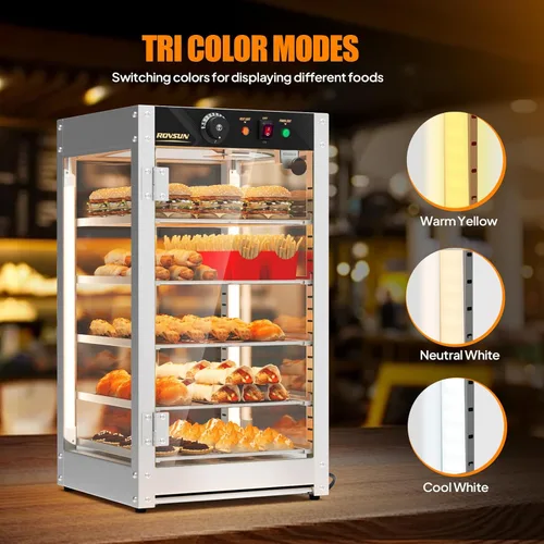 Miniatura 3 de ROVSUN Calentador de alimentos comercial de 5 niveles, calentador de pizza de 15 pulgadas, pantalla de calentador de alimentos con iluminación LED