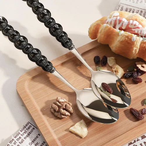 Miniatura 6 de Ouliget Cucharas de acero inoxidable, cuchara de mango de cerámica de acero inoxidable, cuchara de postre coreana con mango de perlas de imitación