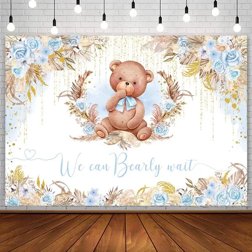 Miniatura 9 de AIBIIN Telón de fondo bohemio para baby shower de 10 x 7 pies para niño, We Can Bearly Wait Oh Baby, fondo de fotografía de flores azul real, hierba