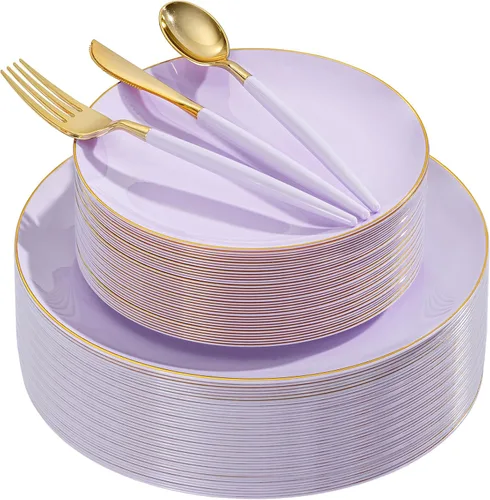 Miniatura 16 de DaYammi Juego de 150 platos de plástico dorado con cubiertos desechables, juego de vajilla desechable de oro blanco, 30 platos llanos, 30 platos