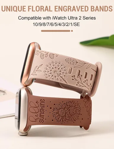 Miniatura 2 de Minyee Paquete de 2 correas grabadas florales compatibles con Apple Watch Band de 38/40/41/42/44/45/46/1.929 in para mujer, bonita correa