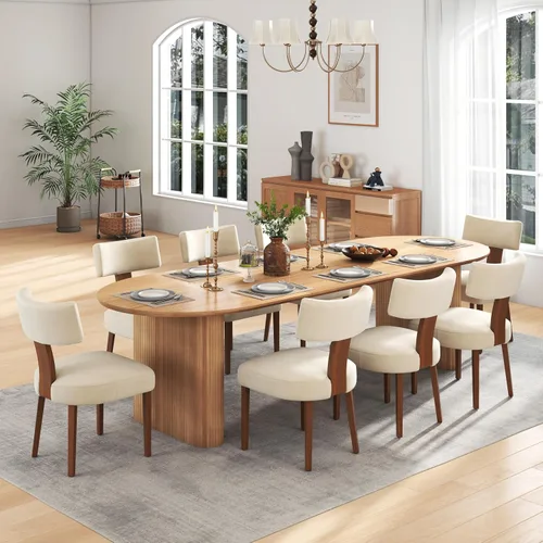 Miniatura 15 de Juego de mesa de comedor ovalada extensible de 59 a 90 pulgadas con 4 sillas de comedor con respaldo en T para 4 personas, moderna mesa de comedor