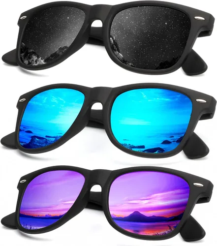 KALIYADI Lentes de sol polarizados para hombres y mujeres, con acabado mate, lentes de espejo de color, bloqueo UV (paquete de 3)