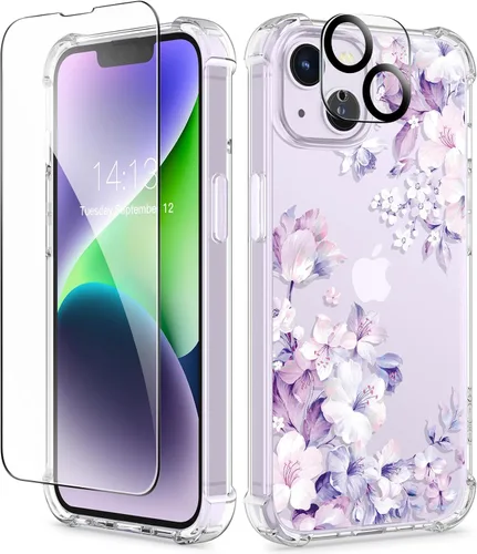 Miniatura 10 de GVIEWIN - Funda floral para iPhone 14 de 6.1 pulgadas, protector de pantalla + protector de lente de cámara, no se amarillenta, a prueba de golpes