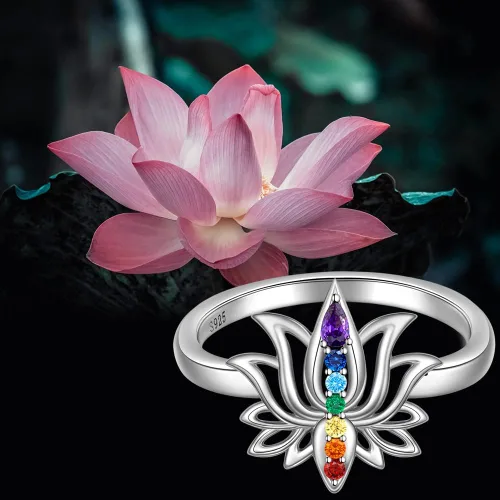 Miniatura 3 de Anillo de chakras de loto para mujer, yoga, chakras, cristal de plata de ley, flor de loto, equilibrio energético, chakras, joyería de meditación