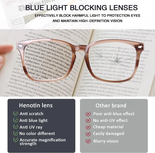 Miniatura 4 de Henotin Paquete de 4 lentes de lectura con bloqueo de luz azul para mujeres y hombres, lectores de computadora con bisagra de resorte, anteojos