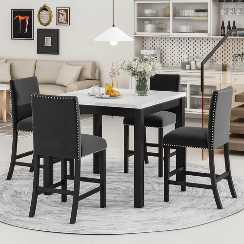 RuiSiSi Juego de mesa de comedor de 5 piezas para 4 personas, mesa de cocina con parte superior de mármol sintético con 4 sillas tapizadas de